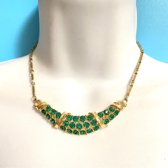 Vintage Green Rhinestone Gold Tone Choker Necklace - Picture 8 of 10